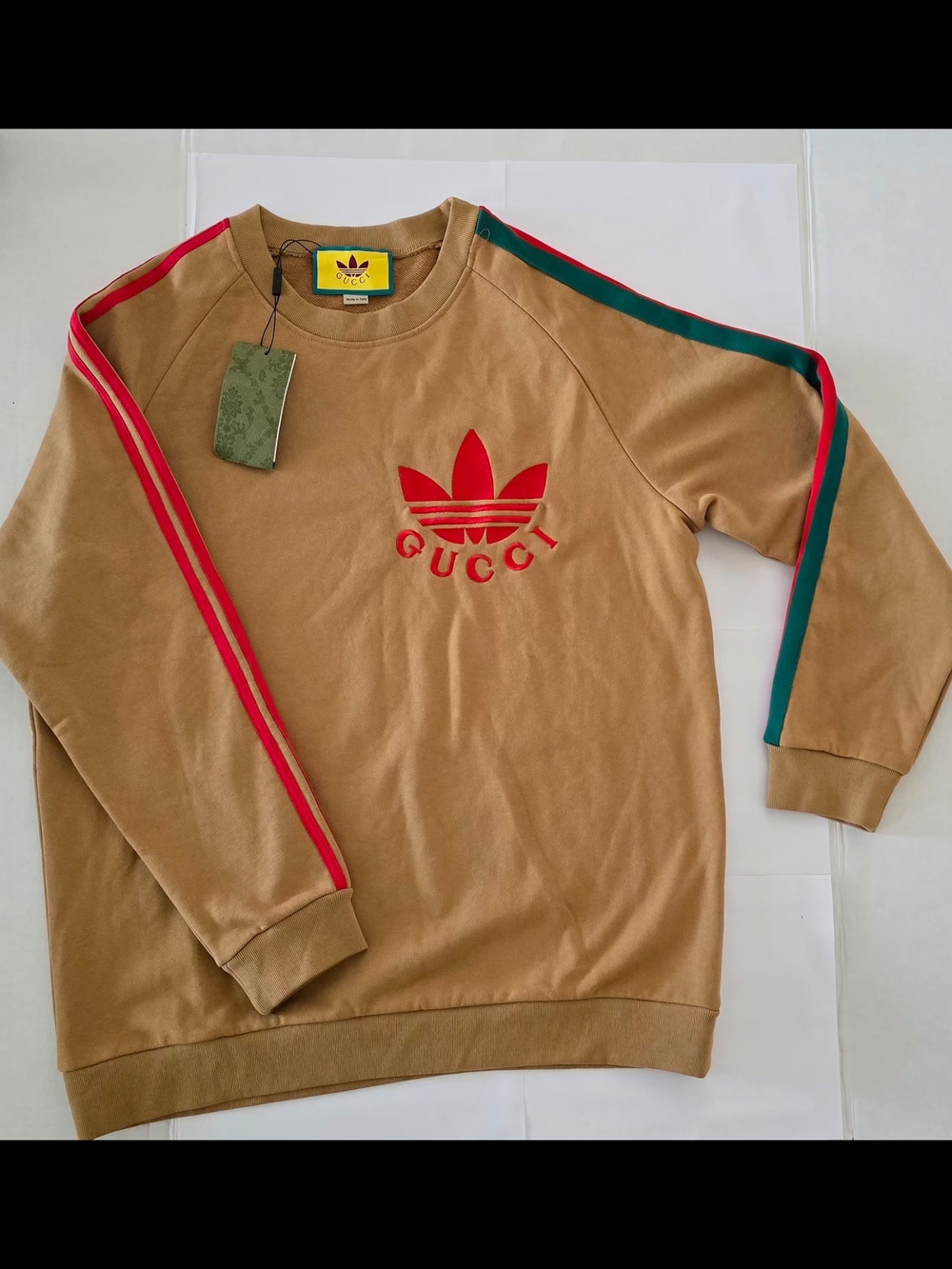 Gucci Tan Crewneck Sweatshirt with Red Logo and Green Stripe Accents
